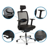 Schwarzer Bürodrehstuhl mit verstellbaren Armlehnen und ergonomischer Rückenlehne.