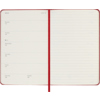 Scharlachrot Hardcover Buchkalender im DIN A6 Format mit Wochenterminen und linierten Notizseiten.