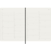 Offene Doppelseite eines Moleskine Buchkalenders mit Monatsansicht und linierten Notizseiten.