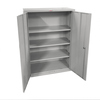 Faltbarer Flügeltürenschrank mit geöffneten Türen und mehreren Regalböden in neutralem Grau.