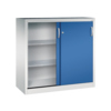 Schiebetürenschrank in enzianblau mit zwei Fachböden und einer Schiebetür.