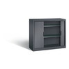 Schwarzer Rollladenschrank mit zwei Regalböden und mittiger Rollladentür.