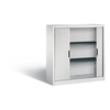 Lichtgrauer Rollladenschrank mit zwei Türflügeln und drei Innenregalen.