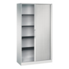 Lichtgrauer Rollladenschrank mit einer Tür und fünf Regalebenen, frontbündiger Sockel.